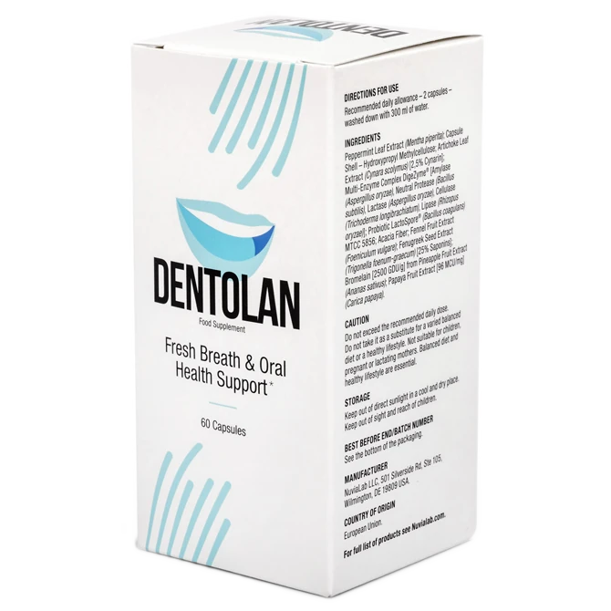 Dettaglio del flacone di Dentolan, integratore avanzato per alito fresco e benessere digestivo
