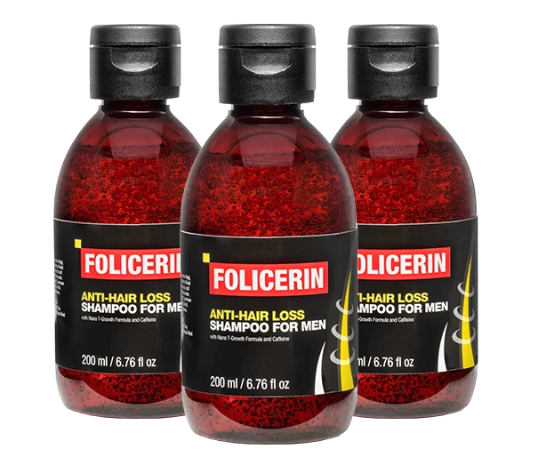 Dettaglio della bottiglia di Folicerin: shampoo per la ricrescita capelli