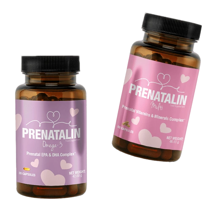 Set completo di integratori prenatali Prenatalin, Multi e Omega-3 per gravidanza e allattamento.