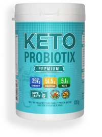 Confezione originale di Keto Probiotix, l'integratore in polvere al cocco per la perdita di peso.
